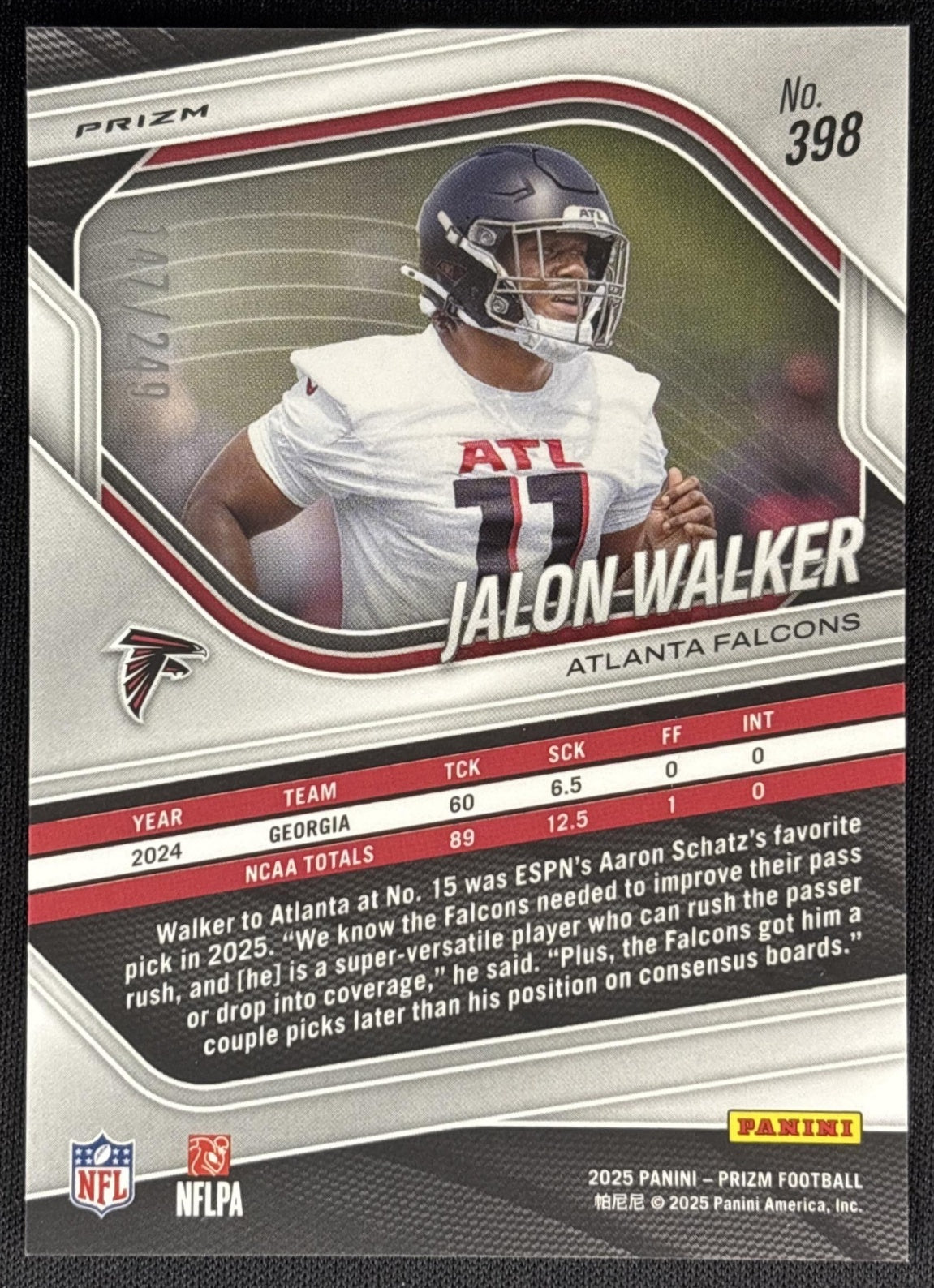Jalon Walker 2025 Panini Prizm Orange /249 Falcons Sports Trading Cards