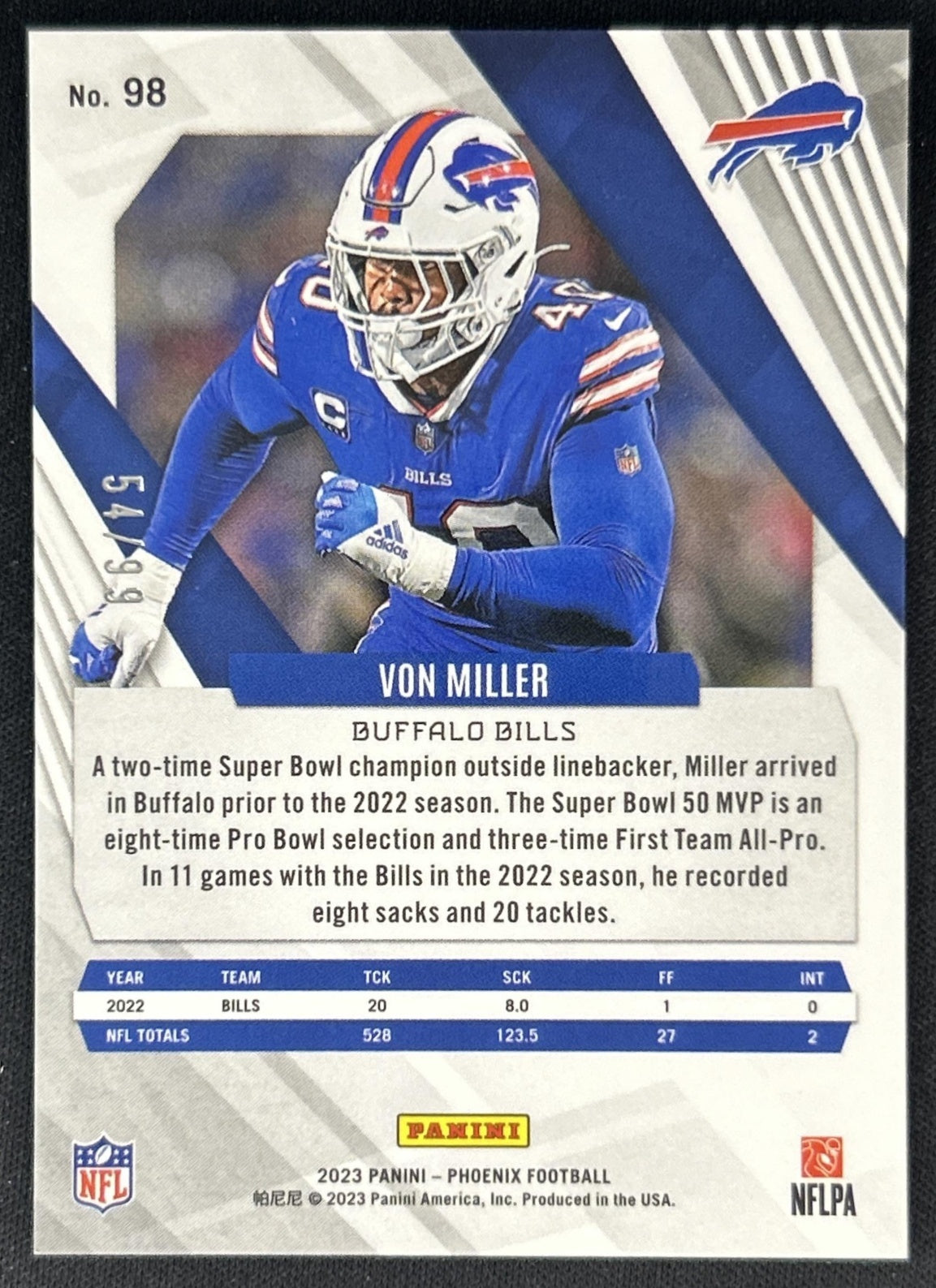 Von Miller 2023 Panini Phoenix Purple /99 Bills Back