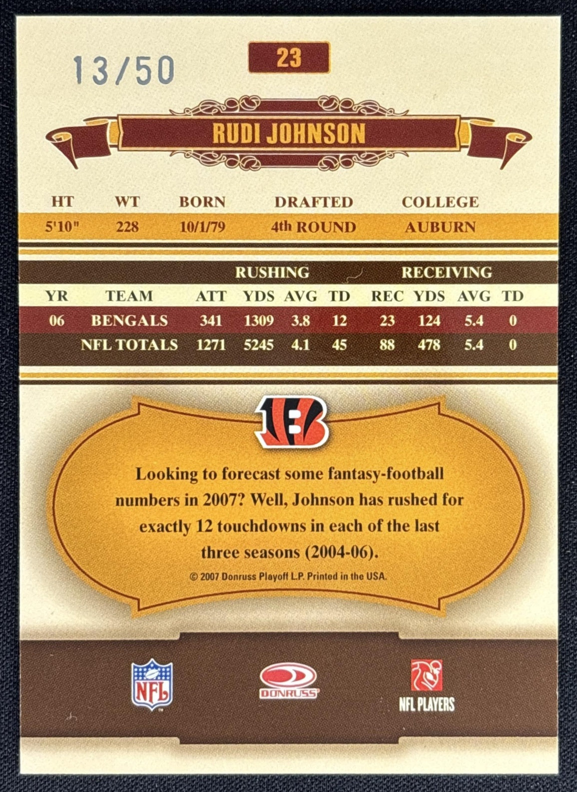 Rudi Johnson 2007 Donruss Classics Timeless Tributes Silver /50 Bengals Sports Trading Card