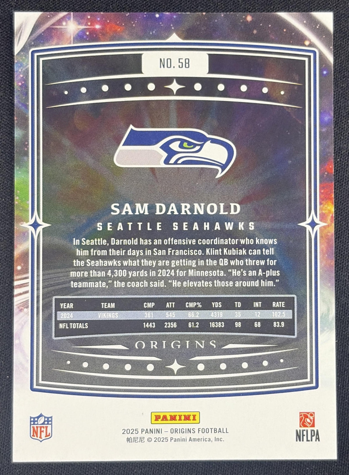 Sam Darnold 2025 Panini Origins Orange /149 Seahawks Sports Trading Card