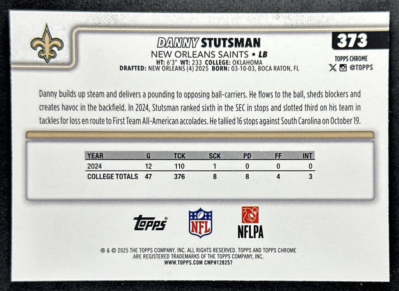 Danny Stutsman 2025 Topps Chrome Rookie Pulsar Refractor Saints Sports Trading Cards