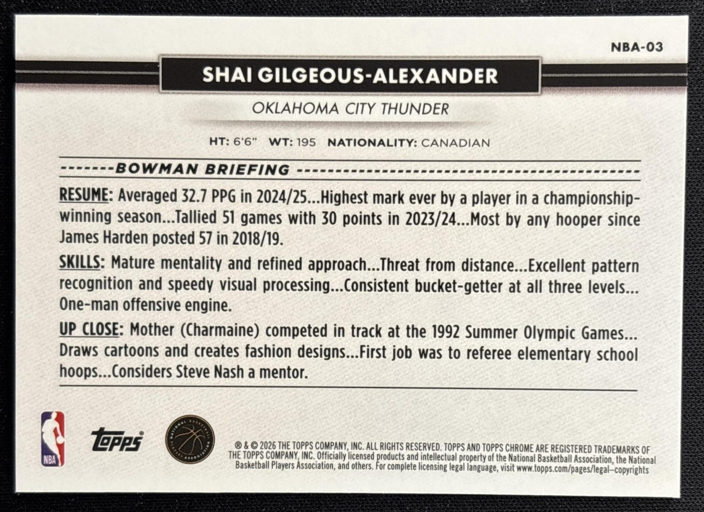 Shai Gilgeous-Alexander 2026 Topps NSCC Collection NBA Sports Trading Cards