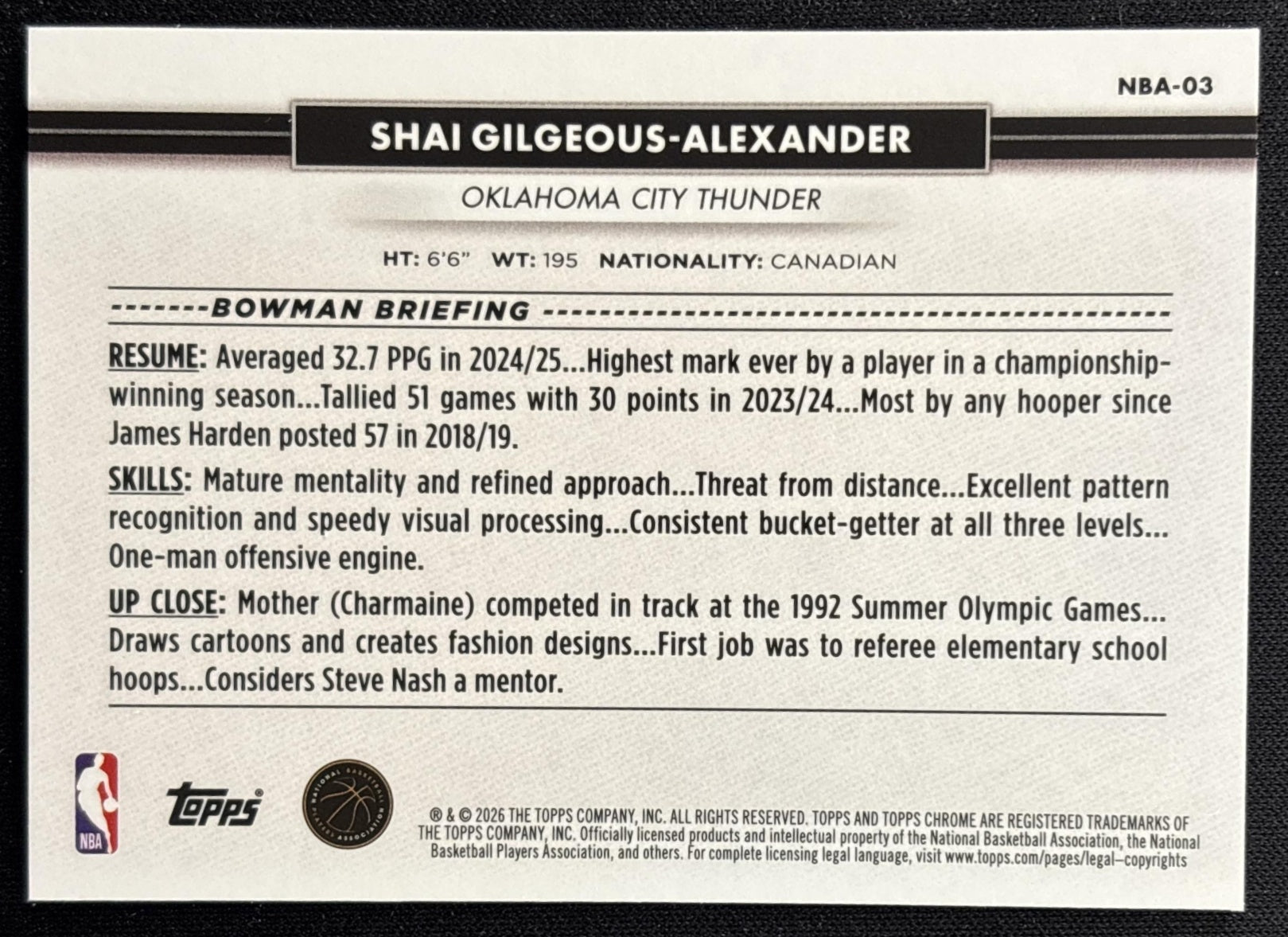 Shai Gilgeous-Alexander 2026 Topps NSCC Collection NBA Sports Trading Cards