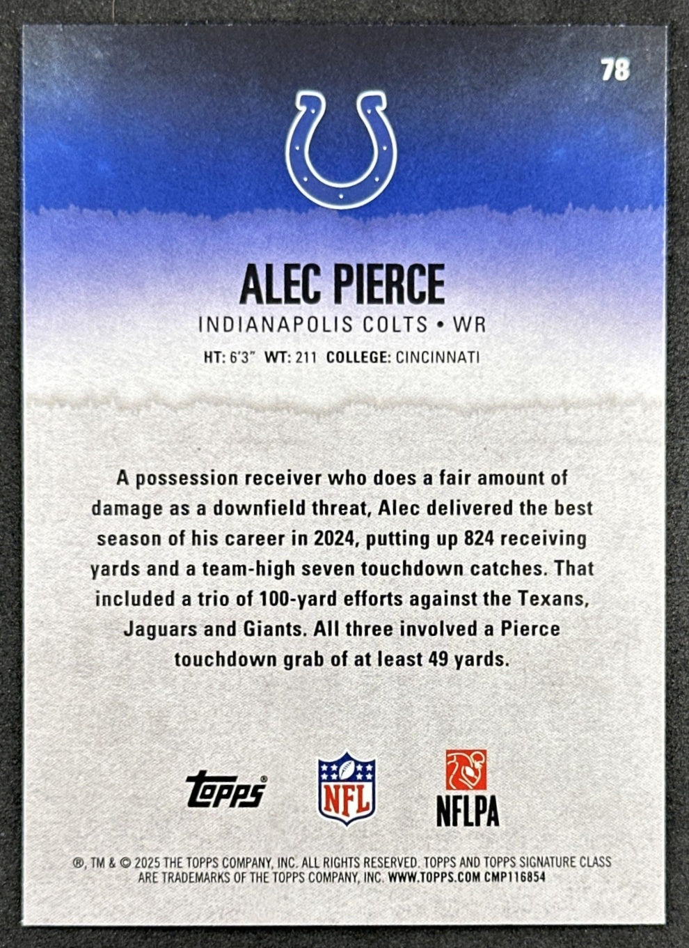 Alec Pierce 2025 Topps Signature Class Veteran Blue & Yellow Foil Colts back sports trading card