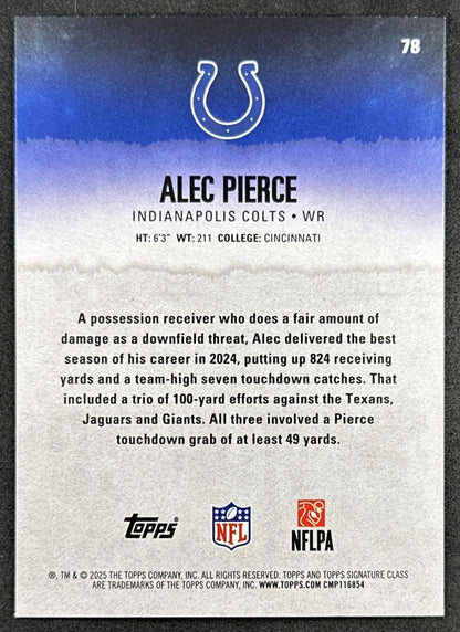 Alec Pierce 2025 Topps Signature Class Veteran Blue & Yellow Foil Colts back sports trading card