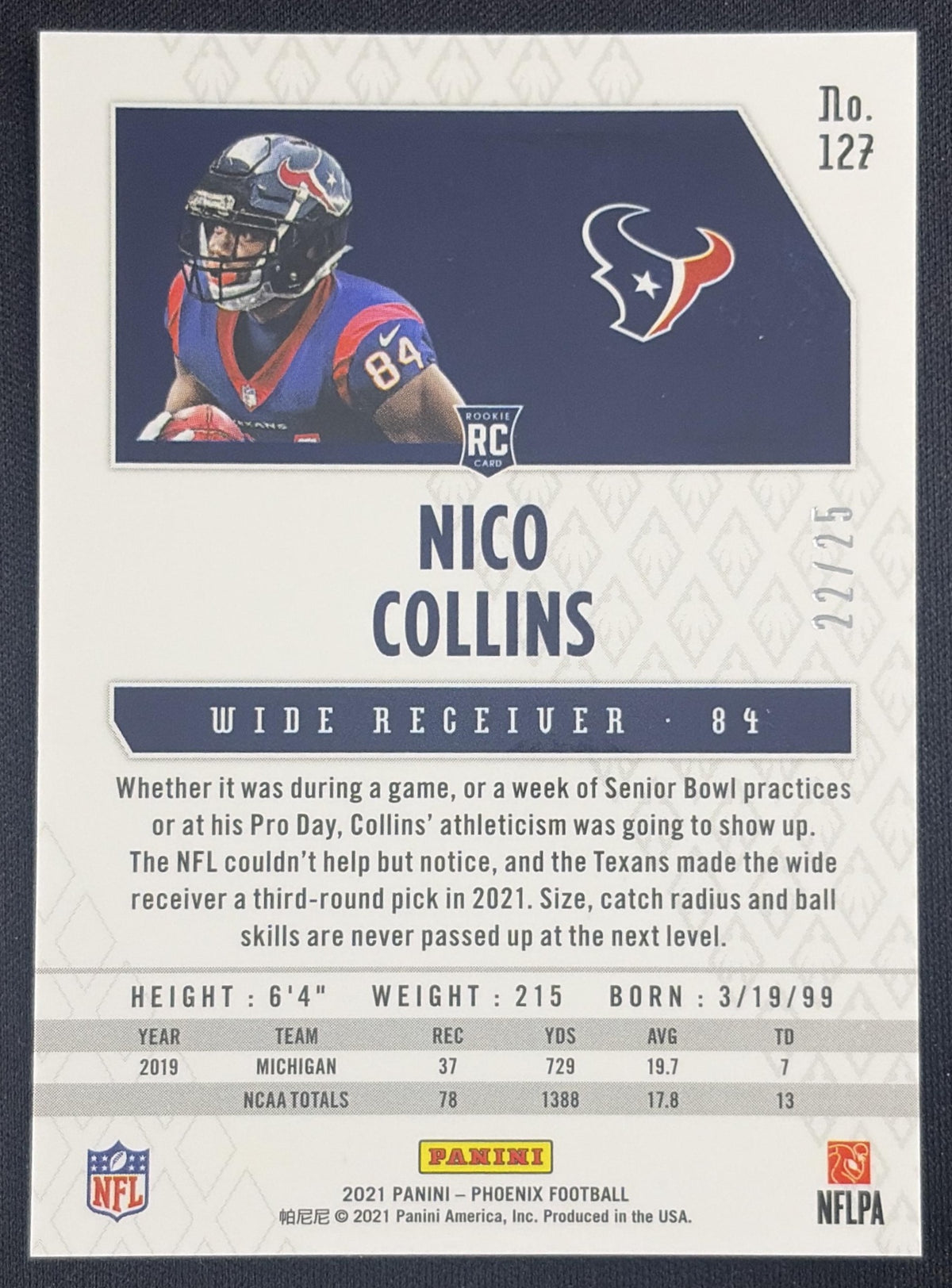 Nico Collins 2021 Panini Phoenix Green Lazer /25 Texans Sports Trading Card