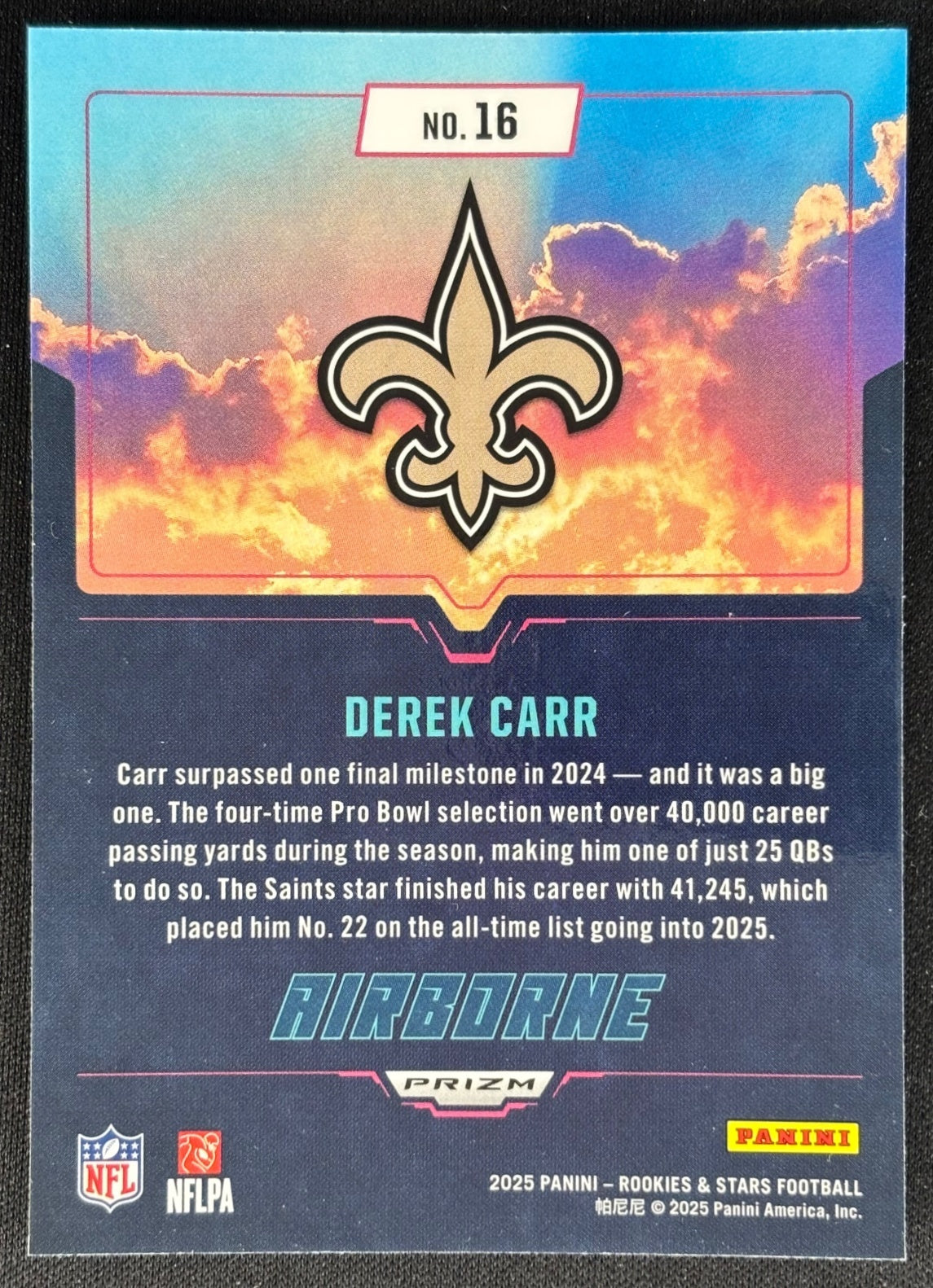 Derek Carr 2025 Rookies & Stars Airborne Silver Saints Sports Trading Card