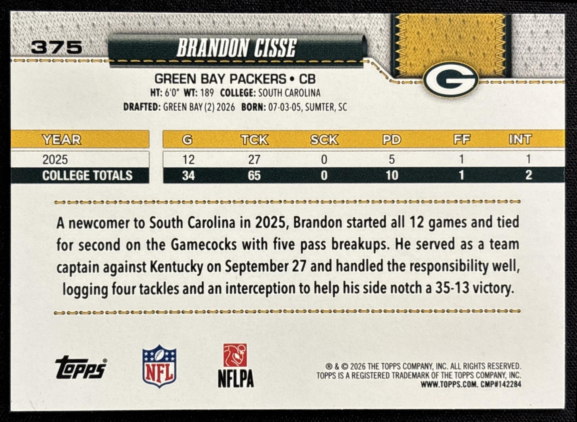 Brandon Cisse 2026 Topps Football Leather Foil Packers