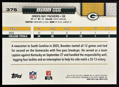 Brandon Cisse 2026 Topps Football Leather Foil Packers