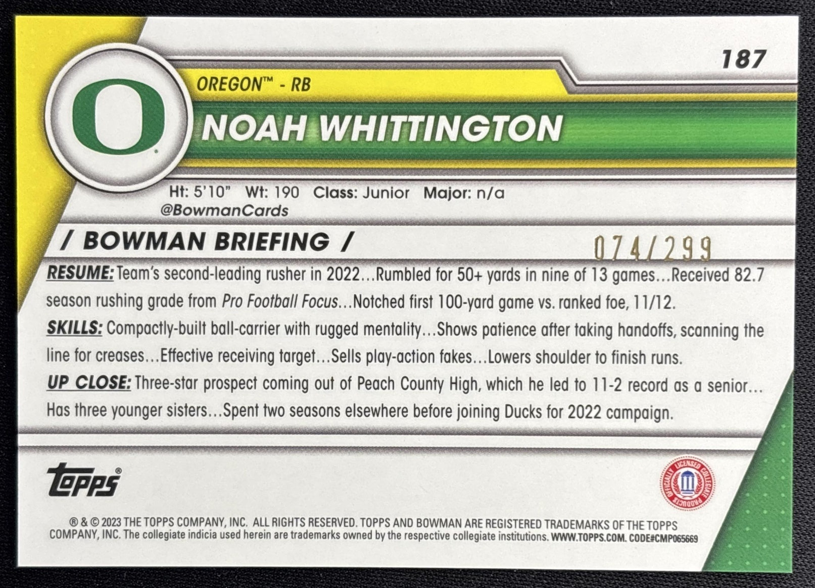 Noah Whittington 2023 Bowman University Chrome Aqua Refractor /299 Ducks back