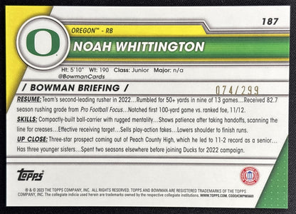 Noah Whittington 2023 Bowman University Chrome Aqua Refractor /299 Ducks back