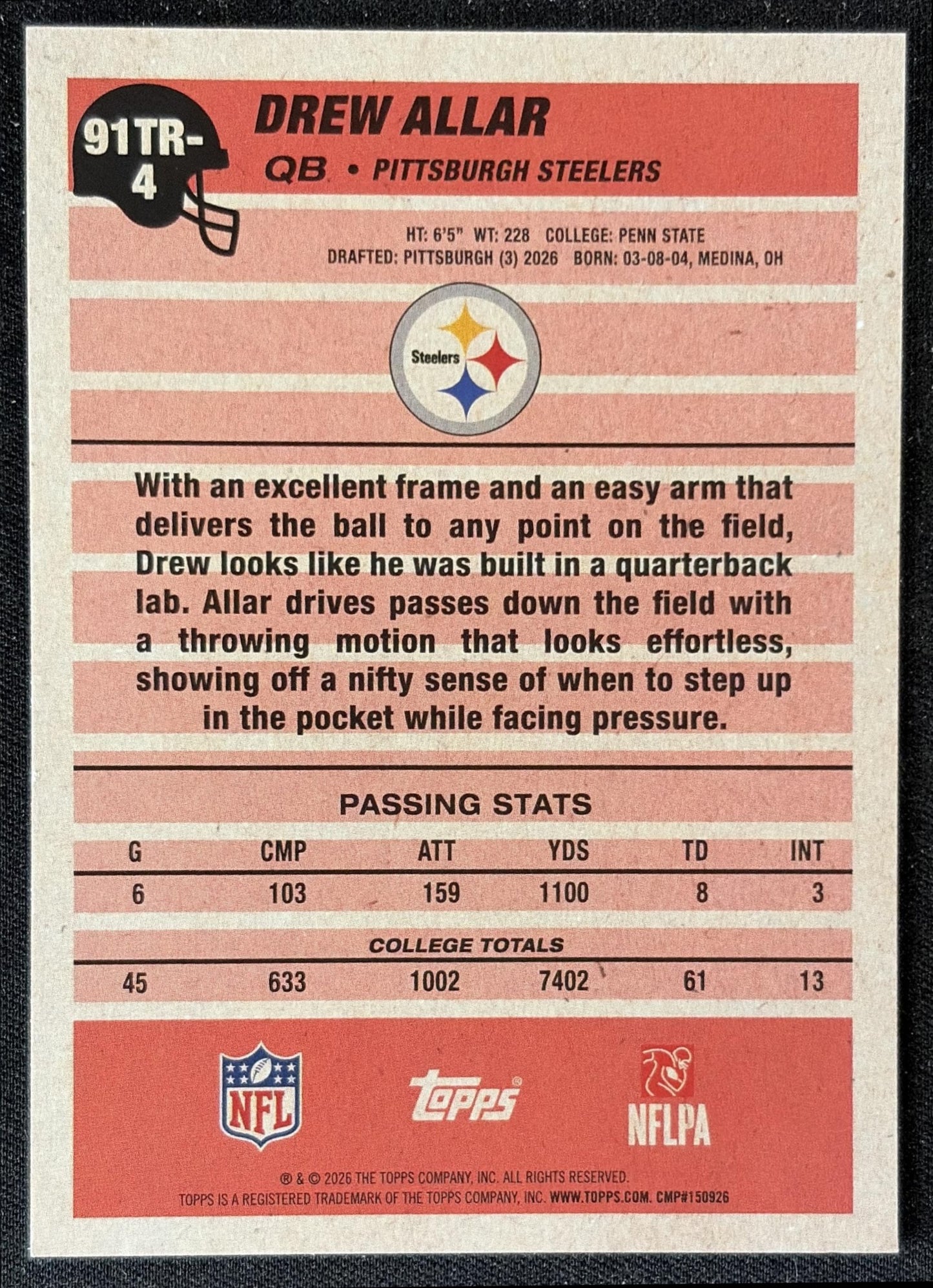 Drew Allar 2026 Topps 1991 Rookie Steelers back