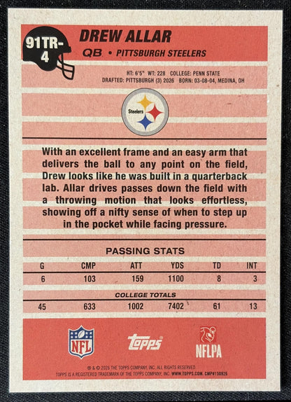 Drew Allar 2026 Topps 1991 Rookie Steelers back