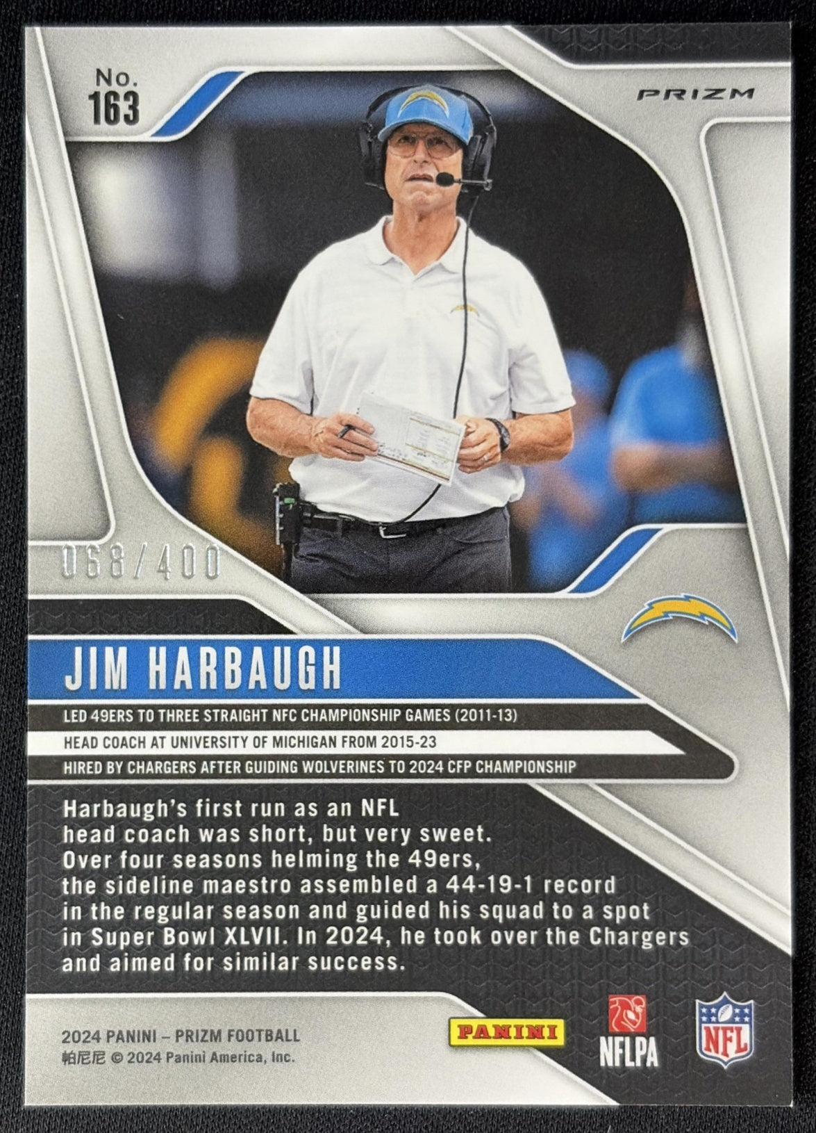 Jim Harbaugh 2024 Panini Prizm Pandora /400 Chargers