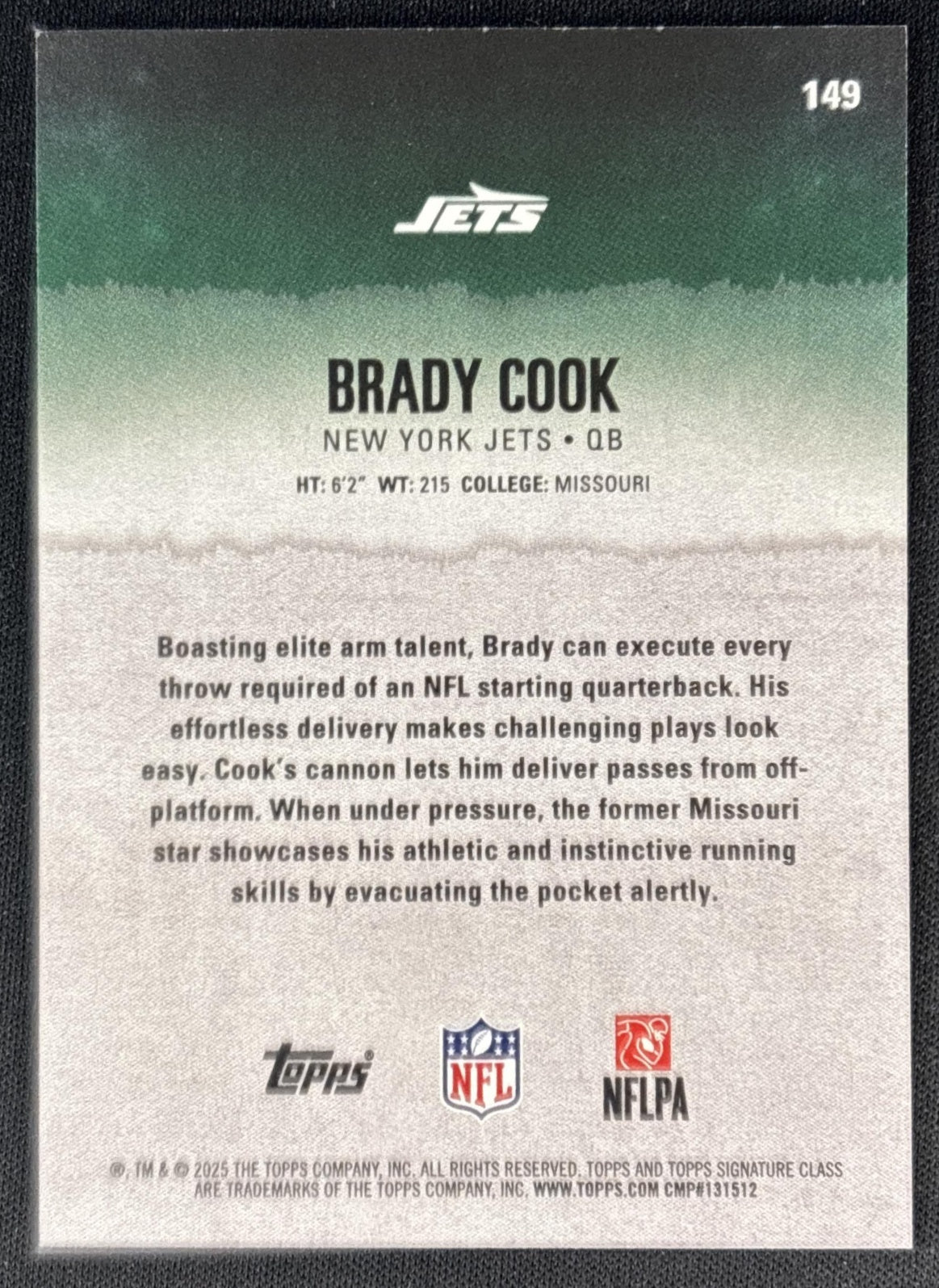 Brady Cook 2025 Topps Signature Class Rookie Gold Foil /35 Jets back