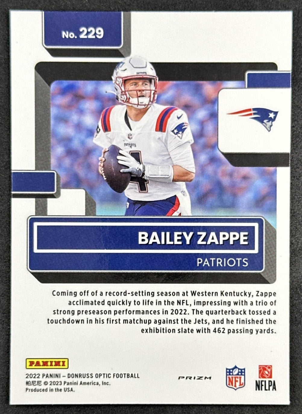 Bailey Zappe 2022 Panini Donruss Optic Purple Shock Patriots Back