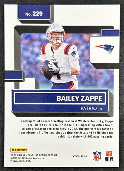 Bailey Zappe 2022 Panini Donruss Optic Purple Shock Patriots Back