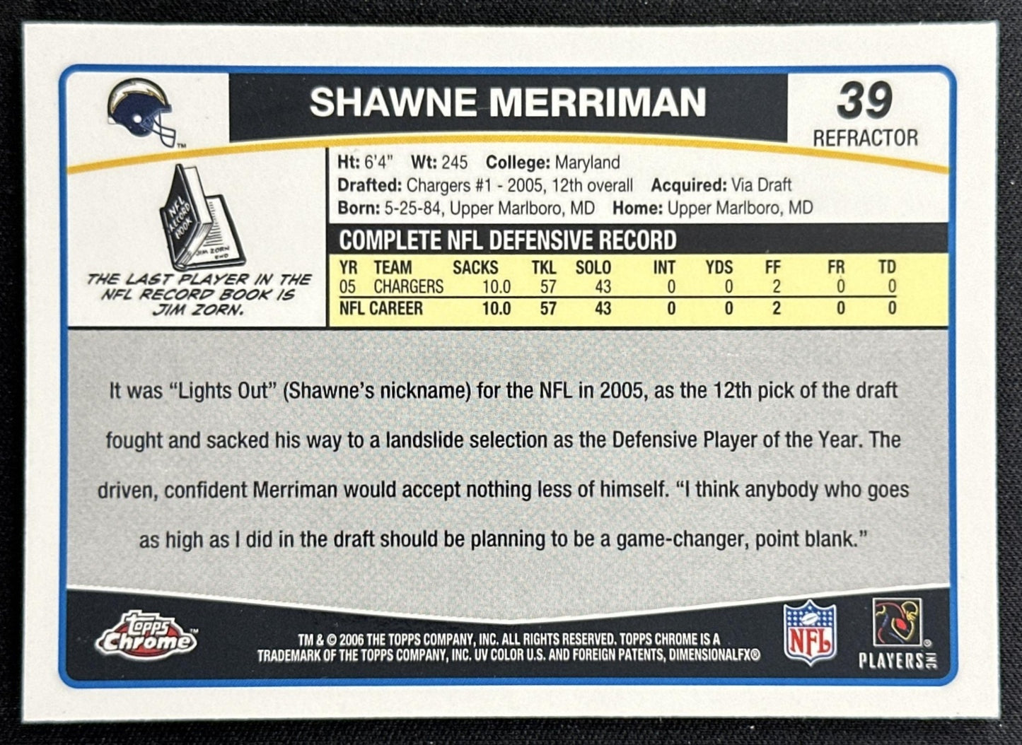 Shawne Merriman 2006 Topps Chrome Refractor Chargers