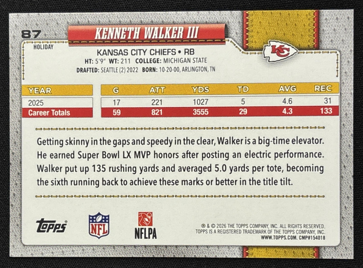 Kenneth Walker III 2026 Topps Holiday Glitter Chiefs