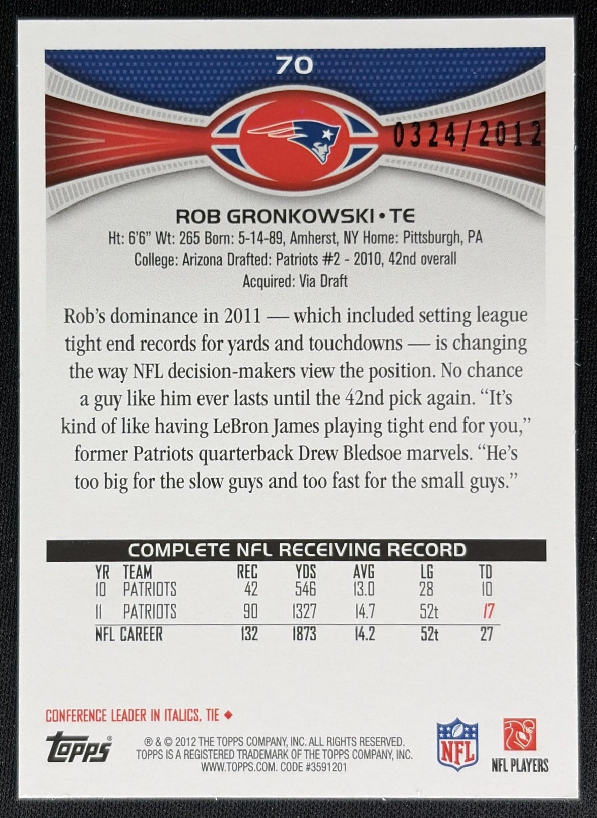 Rob Gronkowski 2012 Topps Gold /2012 Patriots Sports Trading Cards