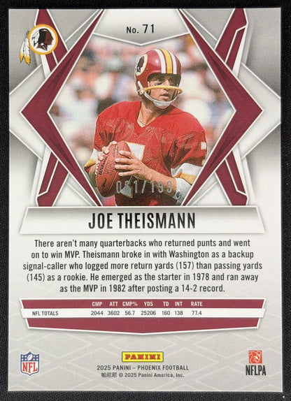 Joe Theismann 2025 Panini Phoenix Red Lazer Prizm /199 Redskins Sports Trading Cards