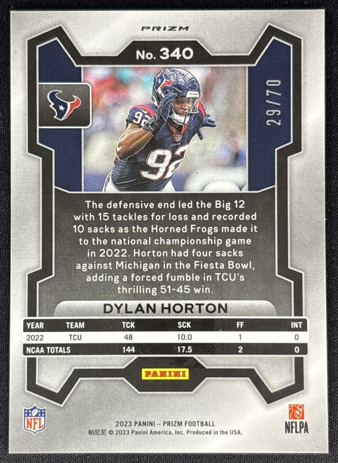 Dylan Horton 2023 Panini Prizm No Huddle Red /70 Texans Back