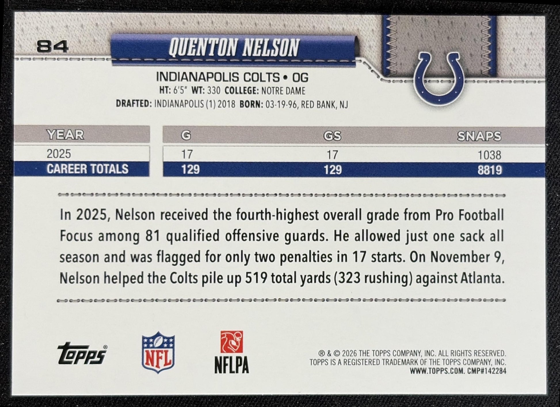 Quenton Nelson 2026 Topps Rainbow Foil Colts back