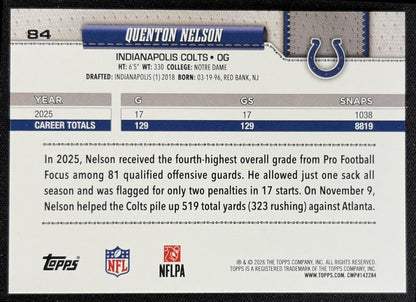 Quenton Nelson 2026 Topps Rainbow Foil Colts back