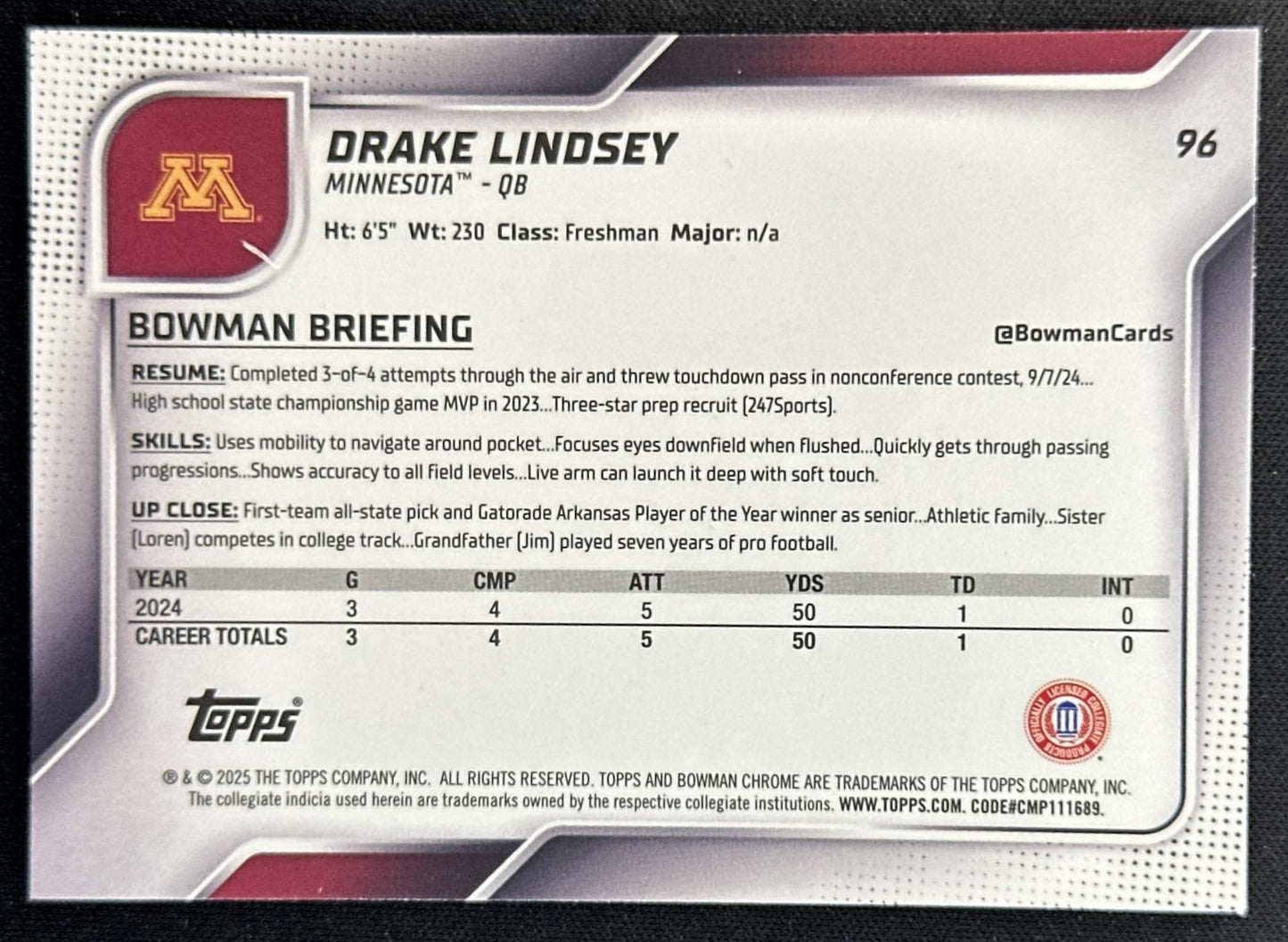Drake Lindsey 2025 Chrome University Prospects Teal Lava Refractor Golden Gophers