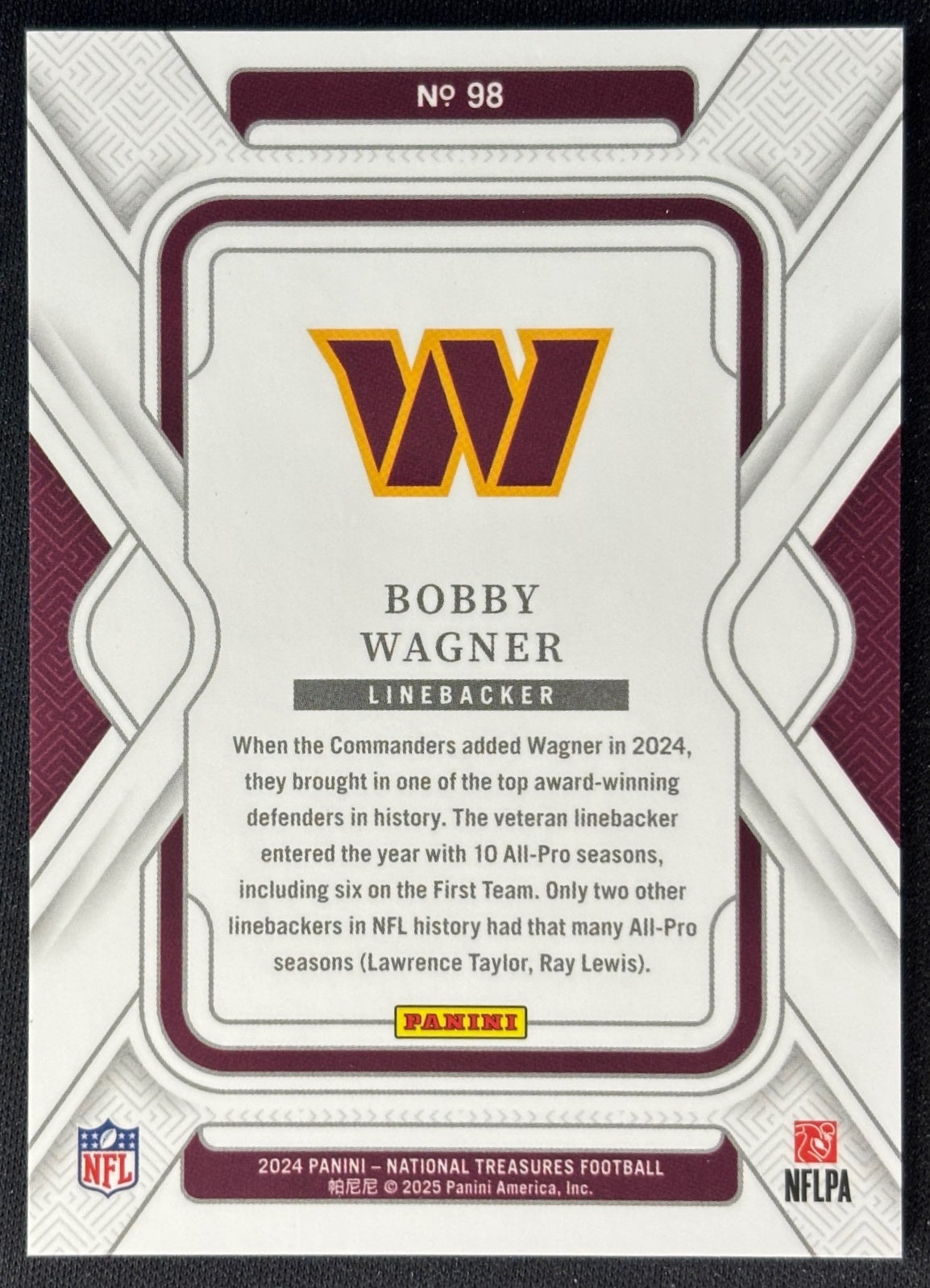 Bobby Wagner 2024 National Treasures Purple /75 Commanders back | Wayne Collection