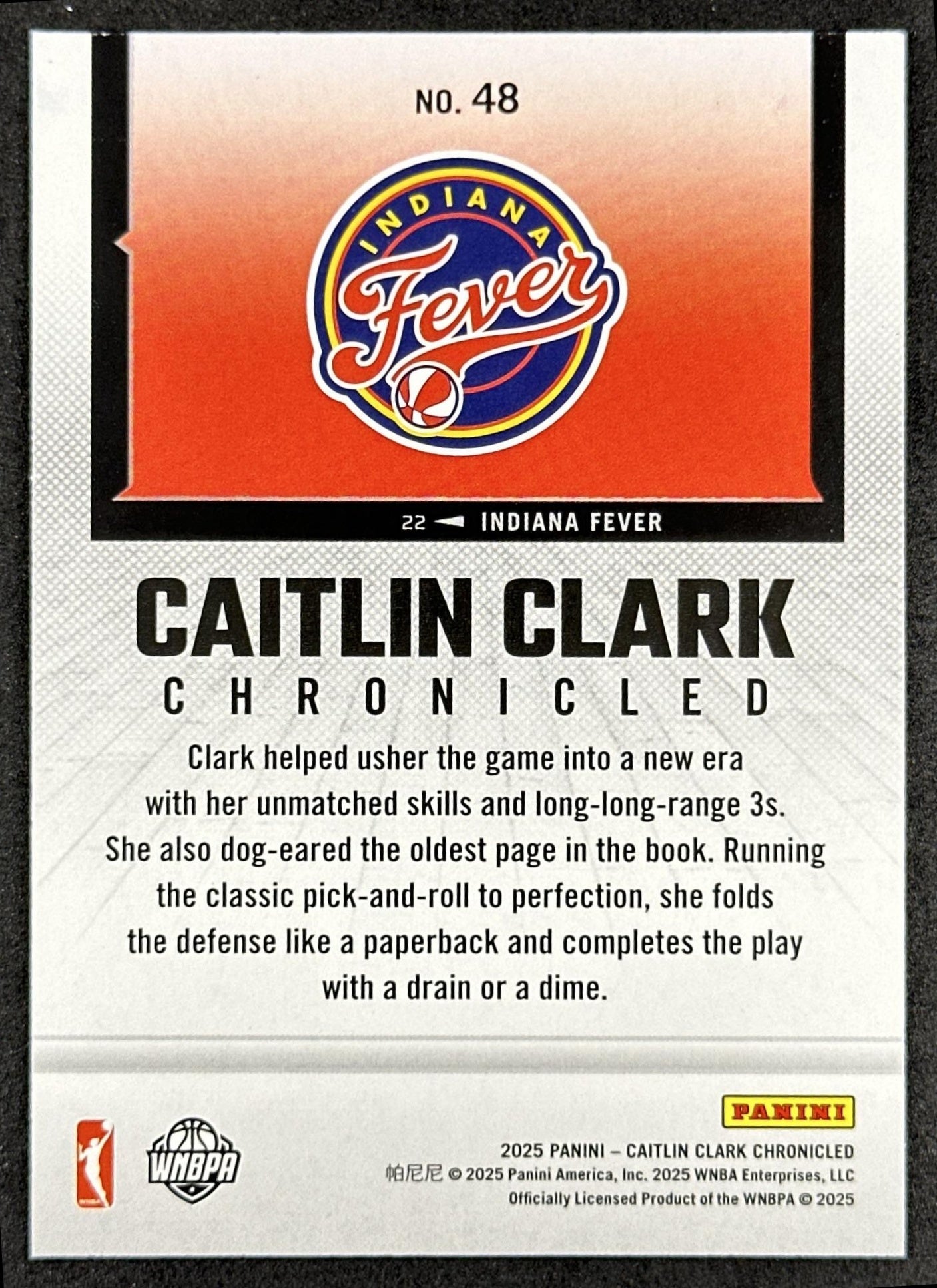Caitlin Clark 2025 Panini Chronicled WNBA Holo Fever 48 Indiana Fever