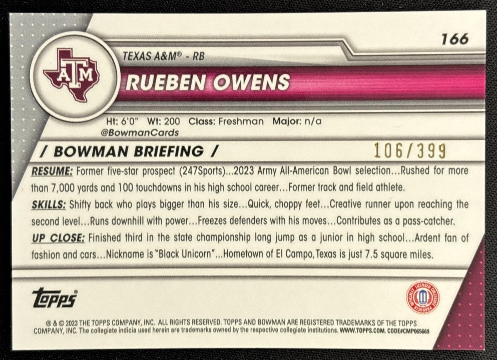 Rueben Owens 2023 Bowman University Chrome Purple Refractor /399 Aggies back