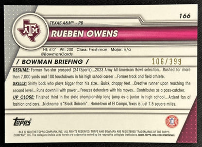 Rueben Owens 2023 Bowman University Chrome Purple Refractor /399 Aggies back