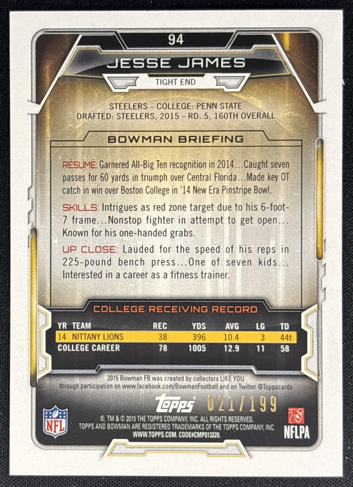 Jesse James 2015 Bowman Rookies Red /199 Steelers back