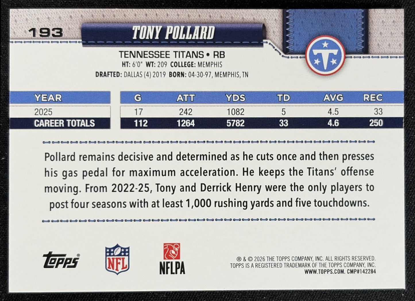 Tony Pollard 2026 Topps Pink Diamante Foil Titans back