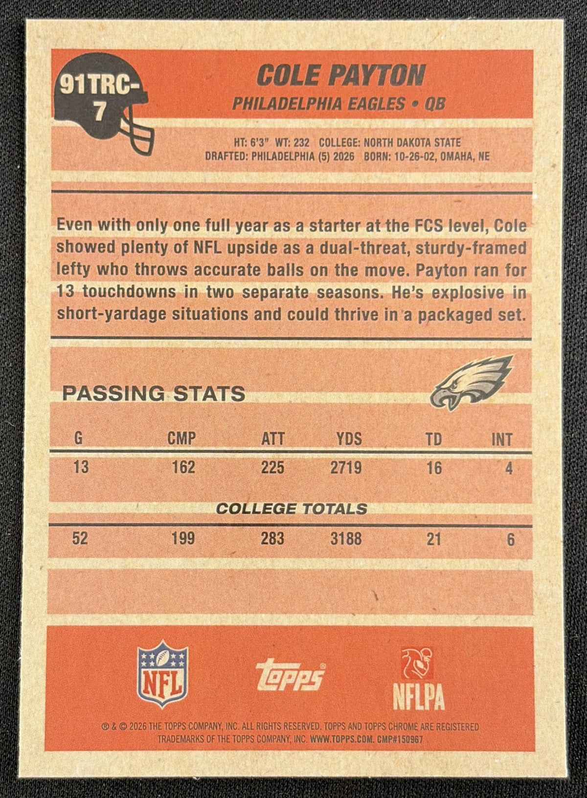 Cole Payton 2026 Topps 1991 Chrome Rookie Mojo Refractor Eagles back