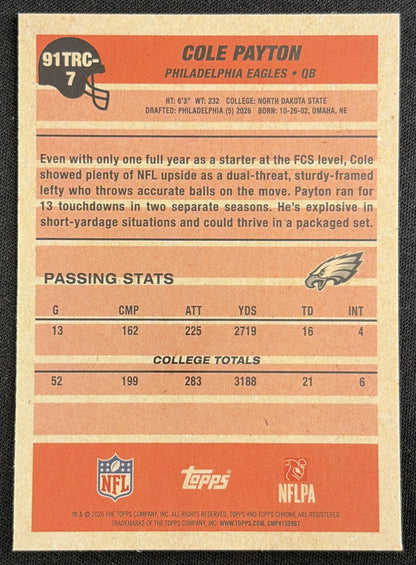 Cole Payton 2026 Topps 1991 Chrome Rookie Mojo Refractor Eagles back