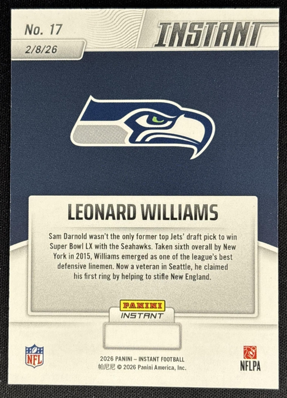 Leonard Williams 2026 Panini Instant Super Bowl LIX Champions Seattle Seahawks