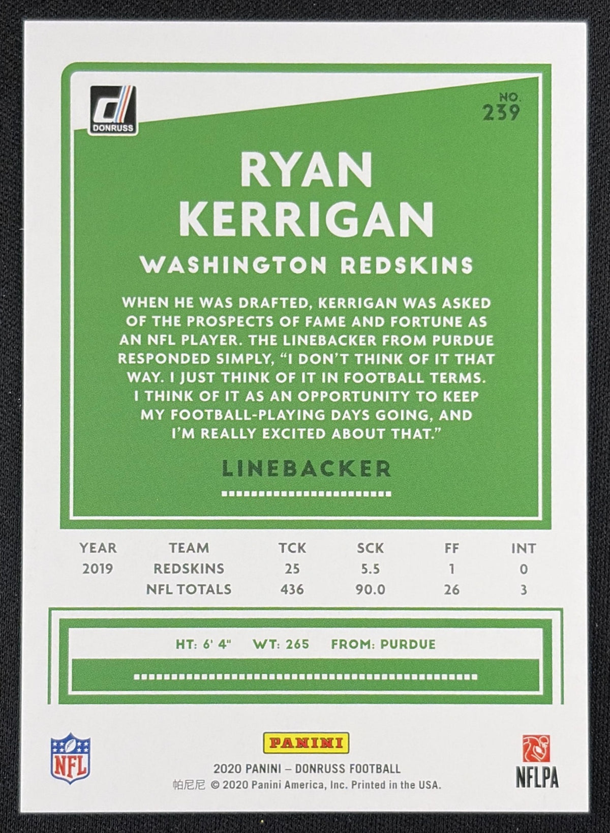 Ryan Kerrigan 2020 Panini Donruss Press Proof Silver /100 Redskins