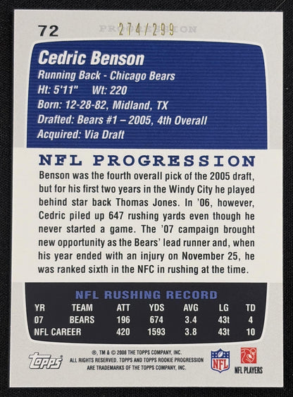 Cedric Benson 2008 Topps Rookie Progression Silver /299 Bears - Back