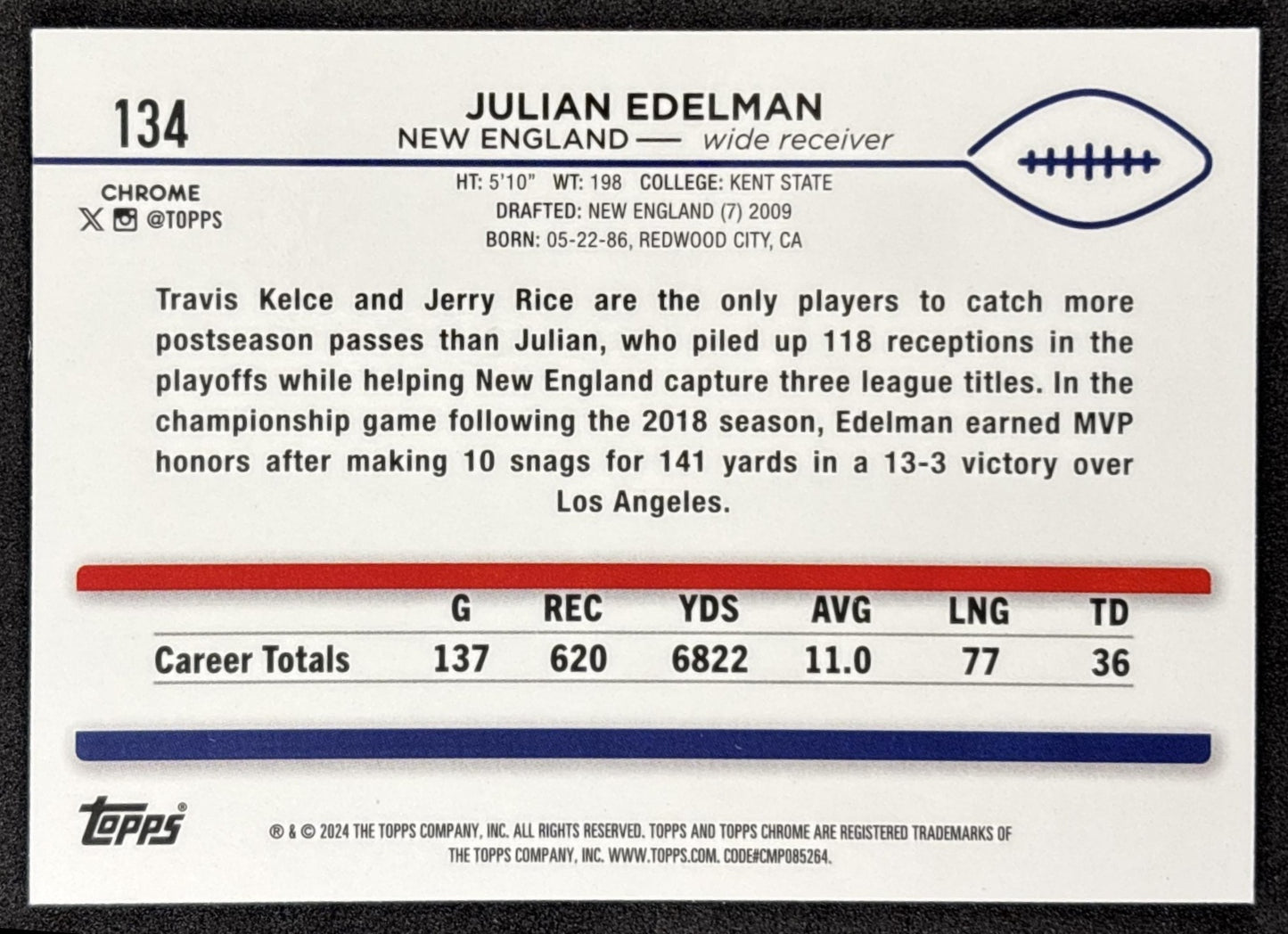 Julian Edelman 2024 Topps Chrome Blue Refractor /150 Patriots back