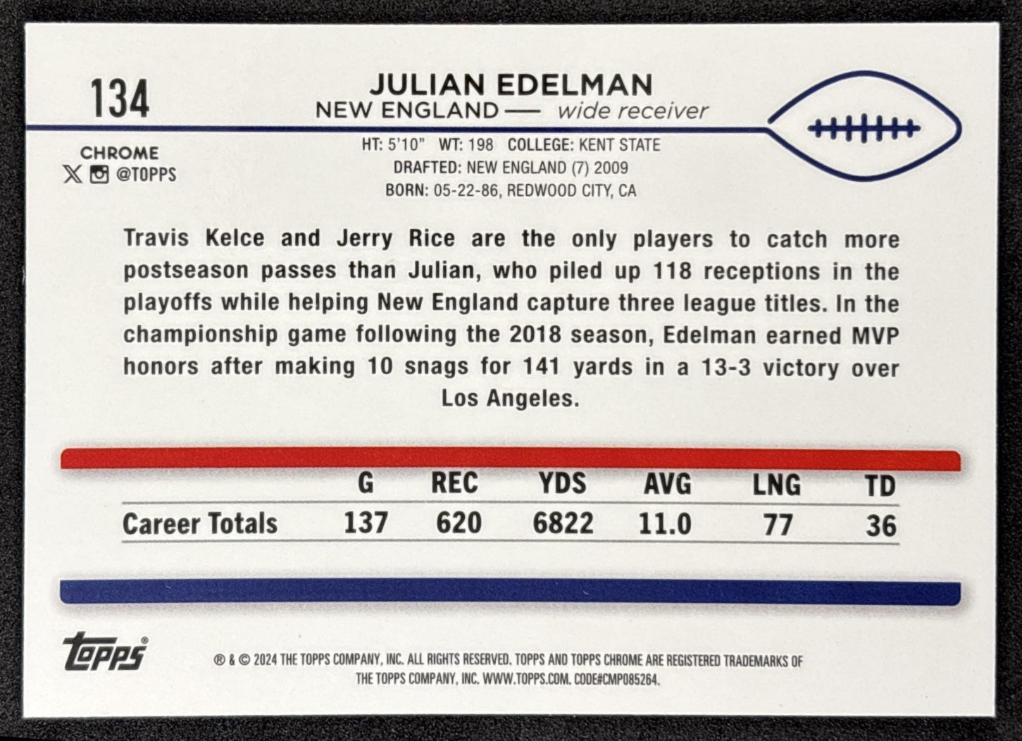 Julian Edelman 2024 Topps Chrome Blue Refractor /150 Patriots back