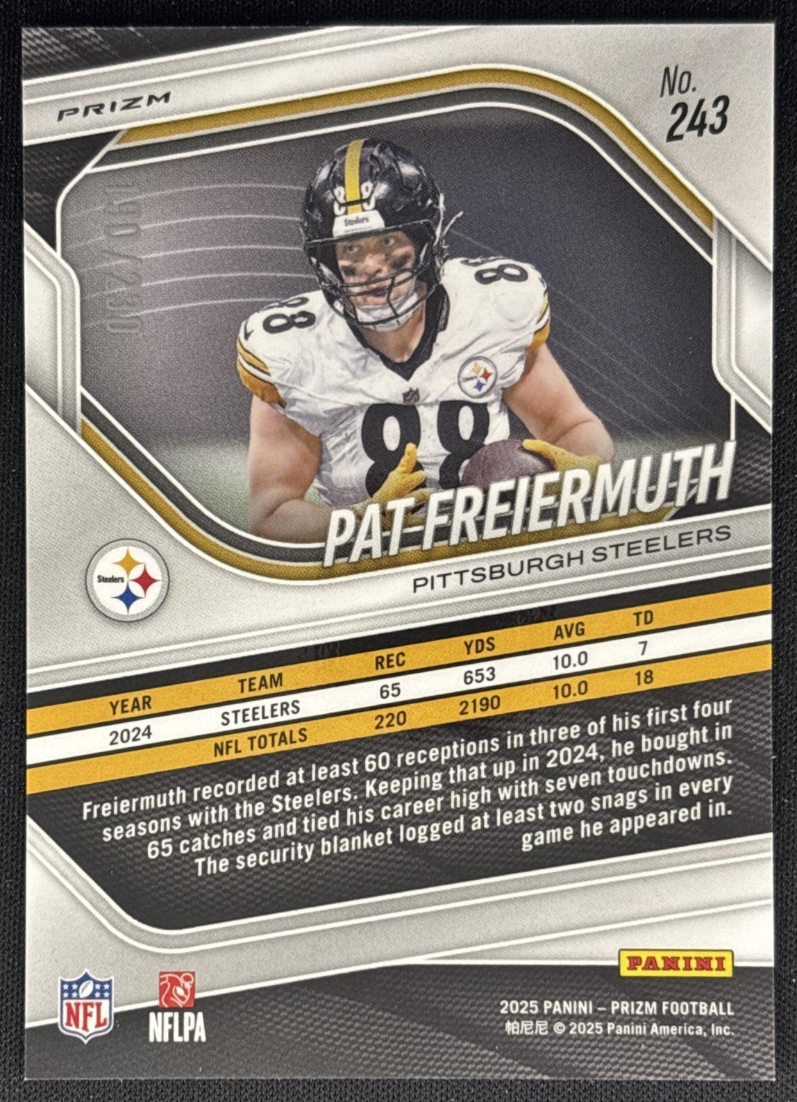 Pat Freiermuth 2025 Panini Prizm Blue Wave /230 Steelers back