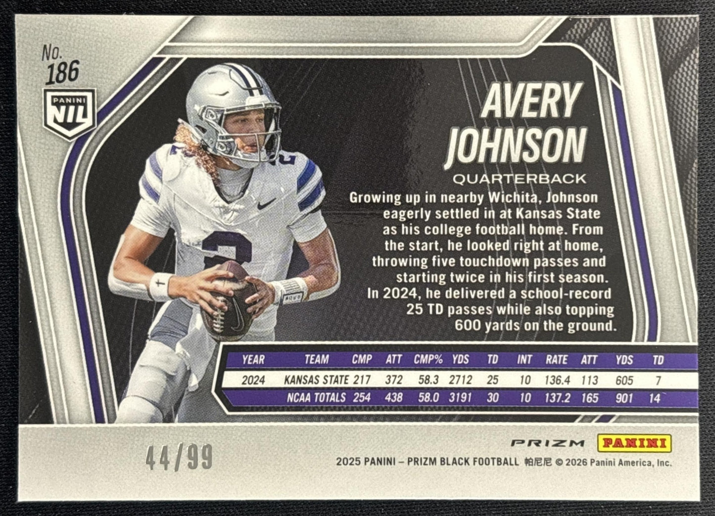 Avery Johnson 2025 Panini Prizm Black Prospects Purple /99 Wildcats back