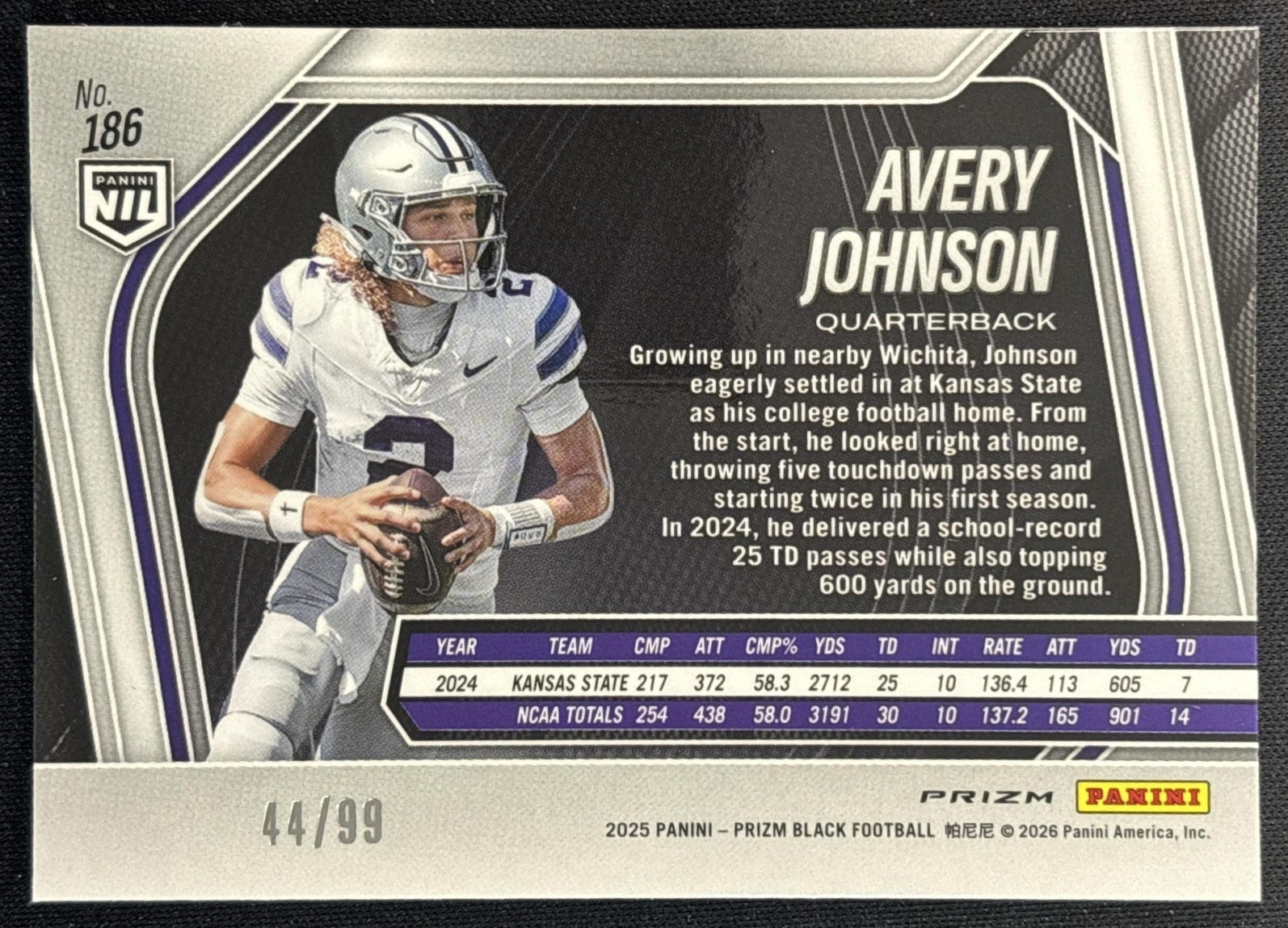 Avery Johnson 2025 Panini Prizm Black Prospects Purple /99 Wildcats back