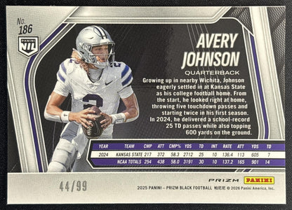 Avery Johnson 2025 Panini Prizm Black Prospects Purple /99 Wildcats back