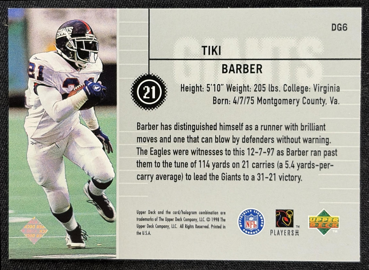 Tiki Barber 1998 Upper Deck Define the Game Giants