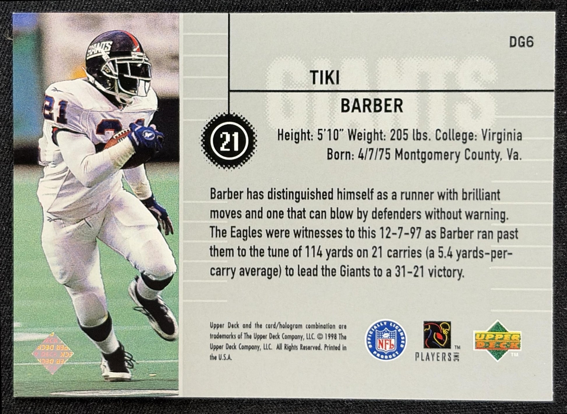 Tiki Barber 1998 Upper Deck Define the Game Giants