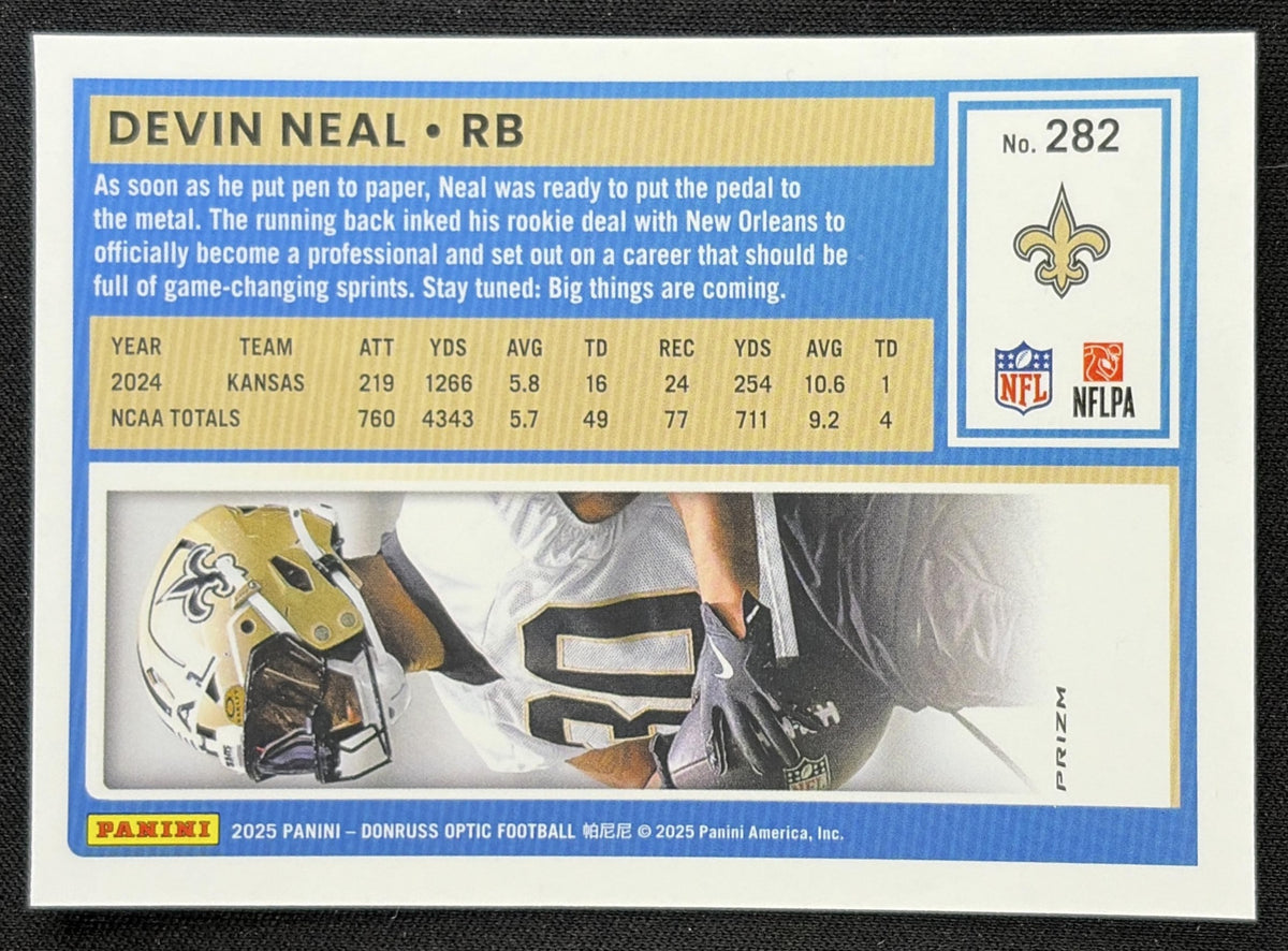 Devin Neal 2025 Panini Donruss Optic Rated Rookie Holo Prizm Saints - Back