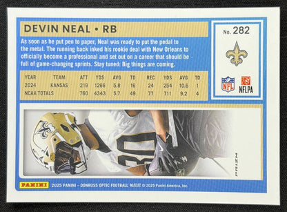 Devin Neal 2025 Panini Donruss Optic Rated Rookie Holo Prizm Saints - Back